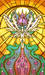 Size: 1200x2000 | Tagged: safe, artist:rocket-lawnchair, princess celestia, alicorn, pony, seraph, seraphicorn, g4, be not afraid, biblically accurate angels, eyes do not belong there, multiple eyes, multiple wings, spread wings, stained glass, wings