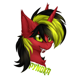 Size: 1920x1920 | Tagged: safe, artist:alfury, oc, oc only, oc:pynoka, pony, unicorn, 2020, black sclera, fangs, male, simple background, solo, stallion, white background