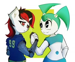 Size: 1517x1254 | Tagged: safe, artist:mistleinn, oc, oc:blackjack, cyborg, robot, unicorn, anthro, fallout equestria, fallout equestria: project horizons, amputee, clothes, crossover, duo, female, horn, jenny wakeman, jumpsuit, mare, my life as a teenage robot, prosthetic limb, prosthetics, simple background, small horn, vault suit