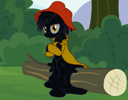 Size: 2733x2139 | Tagged: safe, artist:badumsquish, derpibooru exclusive, goo, goo pony, monster pony, object pony, original species, pony, brer rabbit, bush, clothes, crossed hooves, female, forest, hat, high res, jacket, log, looking at you, melting, mountain, ponified, show accurate, sitting, smiling, smirk, smug, solo, tar, tar baby, tar pony, tree
