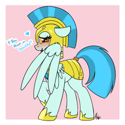 Size: 900x900 | Tagged: safe, artist:ponynamedmixtape, guardian angel (g4), pegasus, pony, g4, armor, bashful, blushing, dialogue, female, guardsmare, heart, heart eyes, helmet, hiding behind wing, looking at you, mare, open mouth, open smile, pegasus royal guard, pink background, royal guard, royal guard armor, simple background, smiling, solo, transparent background, wingding eyes, wings