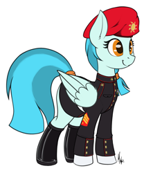 Size: 1470x1569 | Tagged: safe, alternate version, artist:ponynamedmixtape, guardian angel (g4), pegasus, pony, g4, beret, boots, clothes, dress uniform, female, formal wear, gloves, guardsmare, hat, mare, military, military uniform, royal guard, shoes, simple background, solo, tail, tail wrap, transparent background, uniform