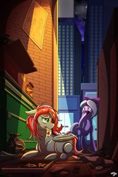 Size: 2000x3000 | Tagged: safe, artist:littletigressda, flitter, oc, oc:silent wing, earth pony, pegasus, pony, fanfic:crushed: the beginnings, alley, bag, dumpster, duo, earth pony oc, fanfic art, female, food, high res, lying down, mare, open mouth, pegasus oc, pizza, prone, shocked, shocked expression, sitting, trash bag