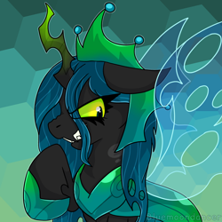 Size: 1640x1639 | Tagged: source needed, safe, artist:bluemoon, queen chrysalis, changeling, changeling queen, g4, evil smile, eye clipping through hair, female, grin, insect wings, raised hoof, signature, smiling, solo, spread wings, ultimate chrysalis, wings