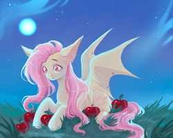 Size: 1280x1024 | Tagged: safe, artist:lacrimiris, fluttershy, bat pony, pony, g4, apple, bat ponified, bat wings, cute, female, flutterbat, food, full moon, grass, herbivore, lying down, mare, moon, night, outdoors, prone, race swap, red eyes, shyabates, shyabetes, solo, spread wings, three quarter view, wings