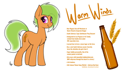 Size: 1400x800 | Tagged: safe, artist:ponynamedmixtape, oc, oc only, oc:warm winds, earth pony, pony, female, lore, reference sheet, simple background, solo, text, transparent background