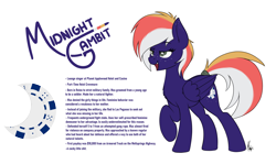 Size: 3050x1821 | Tagged: safe, artist:ponynamedmixtape, oc, oc only, oc:midnight gambit, pegasus, pony, female, freckles, lore, reference sheet, simple background, solo, transparent background