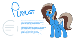 Size: 3200x1700 | Tagged: safe, artist:ponynamedmixtape, oc, oc only, oc:playlist, pegasus, pony, female, lore, reference sheet, simple background, solo, text, transparent background