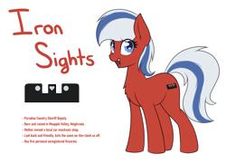 Size: 2346x1700 | Tagged: safe, artist:ponynamedmixtape, oc, oc only, oc:iron sights, earth pony, pony, female, lore, reference sheet, simple background, solo, text, transparent background