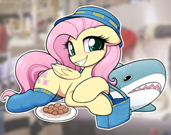 Size: 1956x1548 | Tagged: source needed, safe, artist:moozua, fluttershy, pegasus, pony, shark, berrytube, blurry background, blåhaj, clothes, cute, female, folded wings, hat, ikea, ikea bag, looking at you, lying down, mare, meatball, prone, shark plushie, shyabetes, smiling, smiling at you, socks, solo, stockings, thigh highs, wings