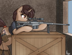 Size: 2600x2000 | Tagged: safe, artist:ponynamedmixtape, oc, oc only, oc:charcoal, pony, unicorn, fallout equestria, barrett, barrett m82, box, cigarette, clothes, crate, gun, high res, rifle, shoes, sniper, sniper rifle, solo, tail, tail wrap, weapon