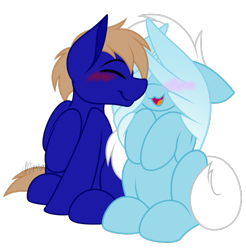 Size: 769x781 | Tagged: safe, artist:feather_bloom, oc, oc:blue_skies, oc:feather bloom(fb), oc:feather_bloom, earth pony, pegasus, pony, :3, blushing, boop, couple, covering face, duo, noseboop, simple background, transparent background, wings