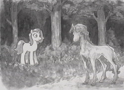 Size: 1000x724 | Tagged: safe, artist:adeptus-monitus, oc, oc only, earth pony, pony, unicorn, forest, traditional art
