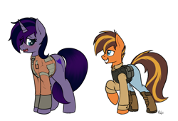 Size: 1030x700 | Tagged: safe, artist:ponynamedmixtape, oc, oc:midnight flower, oc:mixtape, pony, fallout equestria, blushing, clothes, duo, shit eating grin, shoes, shy, simple background, size comparison, steel ranger, tail, tail between legs, transparent background
