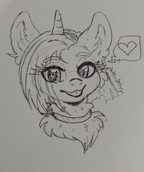 Size: 720x862 | Tagged: safe, artist:chibichangeling, oc, oc only, oc:sight unseen, pony, unicorn, :3, bust, collar, female, fluffy, heart, heart eyes, looking at you, mare, monochrome, portrait, signature, simple background, sketch, smiling, smiling at you, solo, speech bubble, straight mane, traditional art, white background, wingding eyes