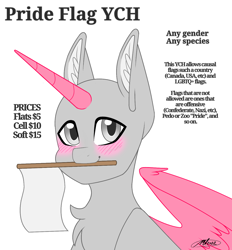 Size: 1266x1367 | Tagged: safe, artist:melodytheartpony, pony, any gender, any race, any species, blushing, commission, flag, happy, pride, pride month, pride ponies, smiling, solo, your character here