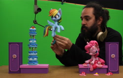 Size: 4945x3116 | Tagged: safe, artist:inspiranimation, pinkie pie, rainbow dash, earth pony, human, pegasus, pony, cake off, g4.5, my little pony: stop motion short, behind the scenes, cake, food, green screen, high res, irl, irl human, photo