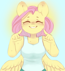 Size: 683x746 | Tagged: safe, artist:melodylibris, fluttershy, pegasus, anthro, blushing, clothes, cute, daaaaaaaaaaaw, eyes closed, female, happy, looking at you, mare, shyabetes, smiling, smiling at you, solo, spread wings, sweat, tanktop, wings