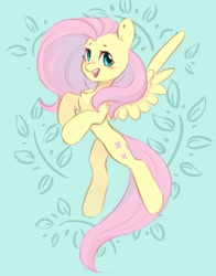 Size: 725x927 | Tagged: safe, artist:melodylibris, fluttershy, pegasus, pony, blushing, chest fluff, cute, female, flying, green background, mare, open mouth, open smile, shyabetes, simple background, smiling, solo, spread wings, wings