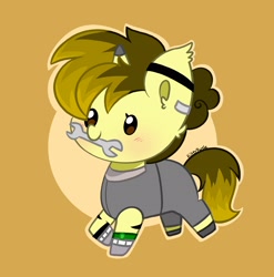Size: 3104x3136 | Tagged: safe, artist:kittyrosie, oc, earth pony, pony, blushing, chibi, clothes, cute, earth pony oc, high res, mouth hold, ocbetes, safety goggles, simple background, solo, wrench