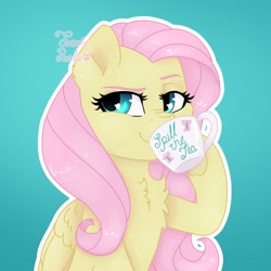 Size: 1300x1300 | Tagged: safe, artist:fanaticpanda, fluttershy, pegasus, pony, g4, chest fluff, cup, female, food, gossip, gradient background, hoof hold, mare, nose wrinkle, outline, raised eyebrow, sipping, smugshy, solo, tea, teacup, white outline