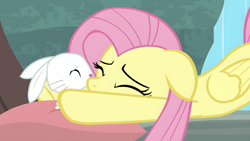 Size: 3840x2160 | Tagged: safe, screencap, angel bunny, fluttershy, earth pony, pegasus, pony, rabbit, g4, season 9, she talks to angel, 4k, animal, cute, duo, eyes closed, female, high res, hug, male, mare, pillow