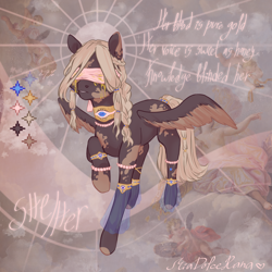 Size: 3000x3000 | Tagged: safe, artist:miadoicerana, oc, oc only, oc:divine blessings, pegasus, pony, blind, blindfold, blood, female, gold, high res, jewelry, mare, markings, necklace, raised hoof, reference sheet, regalia, solo, spirit