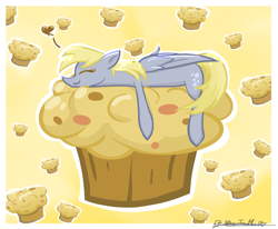 Size: 2899x2391 | Tagged: safe, artist:staceyld636, derpy hooves, pegasus, pony, g4, spoiler:comic, cute, daaaaaaaaaaaw, derpabetes, eyes closed, food, happy, heart, high res, hug, muffin, smiling, solo