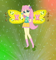 Size: 1297x1376 | Tagged: safe, artist:ketrin29, artist:user15432, fluttershy, fairy, human, equestria girls, g4, alternate hairstyle, barely eqg related, base used, believix, bracelet, clothes, crossover, element of kindness, fairy wings, fairyized, gradient background, hairpin, hand behind back, high heels, jewelry, looking at you, ponied up, shoes, socks, solo, sparkly background, sparkly wings, wings, winx, winx club, winxified, yellow wings