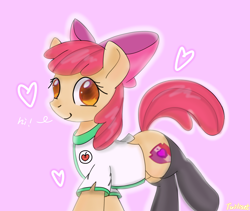 Size: 2720x2297 | Tagged: safe, artist:twiliset, apple bloom, earth pony, pony, g4, apple, clothes, cute, female, filly, foal, food, heart, high res, looking at you, simple background, smiling, smiling at you, solo