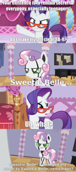 Size: 1280x2880 | Tagged: safe, artist:facelessjr, edit, edited screencap, screencap, rarity, sweetie belle, pony, robot, robot pony, unicorn, g4, annoyed, comic, female, filly, foal, glasses, jenny wakeman, mare, my life as a teenage robot, nora wakeman, rarity's glasses, screencap comic, sweetie bot