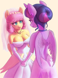 Size: 900x1200 | Tagged: safe, artist:grissaecrim, fluttershy, twilight sparkle, alicorn, pegasus, anthro, g4, alternate hairstyle, breasts, bride, busty fluttershy, choker, cleavage, clothes, cute, dress, duo, female, hair bun, holding hands, jewelry, lesbian, lesbian wedding, looking at each other, looking at someone, marriage, necklace, open-back dress, ship:twishy, shipping, shyabetes, twiabetes, twilight sparkle (alicorn), wedding, wedding dress, wedding veil