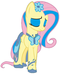 Size: 352x433 | Tagged: safe, fluttershy, pegasus, pony, g4, blue dress, clothes, dress, eyeshadow, female, flower, frown, makeup, mare, sad, shoes, simple background, transparent background