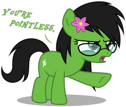 Size: 3780x3210 | Tagged: safe, artist:strategypony, oc, oc only, oc:prickly pears, earth pony, pony, black mane, black tail, dialogue, earth pony oc, female, filly, flower, flower in hair, foal, glasses, green coat, high res, meme, pointing, raised hoof, rule 63, simple background, tail, text, transparent background, you're pointless