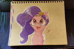Size: 2701x1800 | Tagged: safe, artist:engi, pipp petals, pegasus, pony, g5, :3, crown, cute, female, jewelry, looking at you, open mouth, outline, photo, regalia, simple background, smiling, solo, traditional art, watercolor painting, white outline