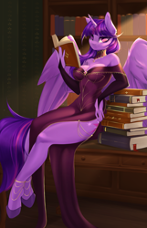 Size: 2186x3404 | Tagged: safe, artist:u_lu_lu, twilight sparkle, alicorn, anthro, unguligrade anthro, g4, bare shoulders, book, bookshelf, breasts, busty twilight sparkle, choker, cleavage, clothes, dress, evening dress, evening gloves, female, fingerless elbow gloves, fingerless gloves, gloves, high res, hooves, leg focus, legs, long gloves, looking at you, side slit, solo, strapless, stupid sexy twilight, total sideslit, twilight sparkle (alicorn)