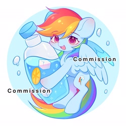 Size: 2604x2604 | Tagged: safe, artist:leafywind, rainbow dash, pegasus, pony, g4, bottle, colored pupils, commission, cute, dashabetes, female, food, high res, ice cube, lemon, looking at you, mare, open mouth, solo, water bottle, watermark