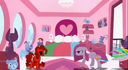 Size: 800x439 | Tagged: safe, pinkie pie, earth pony, pony, fighting is magic, g4, bed, bedroom, creepy, creepypasta, crossover, female, looking at each other, looking at someone, mare, mugen, pillow, pinkamena diane pie, smiling, the powerpuff girls, youtube link, zalgo, zalgo pie