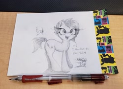 Size: 3045x2217 | Tagged: safe, artist:engi, oc, oc only, oc:midnight ink, pony, unicorn, female, grayscale, happy, high res, looking at you, monochrome, open mouth, pencil drawing, photo, simple background, solo, traditional art