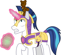 Size: 7103x6383 | Tagged: safe, artist:moonlight bloom, shining armor, pony, unicorn, canterlot wedding 10th anniversary, fanfic:night of the living plushies, g4, .svg available, absurd resolution, animate object, armor, cookie jar, ear pull, implied flurry heart, jar, magic, magic aura, male, plushie, simple background, solo, stallion, surprised, teddy bear, transparent background, vector