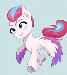 Size: 1536x1736 | Tagged: safe, artist:pipp_petal, zipp storm, pegasus, pony, g5, adorazipp, blue background, blushing, cute, eyebrows, feathered fetlocks, female, flapping wings, flying, grin, mare, simple background, smiling, solo, spread wings, wings