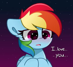 Size: 5474x5084 | Tagged: safe, artist:kittyrosie, rainbow dash, pegasus, pony, g4, ..., absurd resolution, blushing, cute, dashabetes, female, floppy ears, frown, i love you, mare, open mouth, sad, sadorable, signature, solo, stars, talking to viewer, teary eyes, text