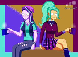 Size: 2048x1496 | Tagged: safe, artist:lemonzat115, garden grove, starlight glimmer, human, equestria girls, g4, :i, background human, clothes, coffee, coffee mug, crystal prep academy, crystal prep academy uniform, crystal prep shadowbolts, garden grove is not amused, i mean i see, mug, pants, ripped pants, school uniform, shadowbolts, skirt, socks, starlight glimmer is not amused, torn clothes, unamused