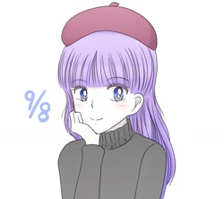 Size: 1593x1414 | Tagged: safe, artist:auntie_grub, rarity, human, equestria girls, g4, beatnik rarity, beret, clothes, female, hat, looking at you, simple background, smiling, smiling at you, solo, sweater, white background