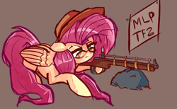 Size: 3255x2000 | Tagged: safe, artist:solid shrimp, fluttershy, pegasus, pony, g4, /mlp/ tf2 general, bazaar bargain, glasses, gun, hat, high res, rifle, simple background, sniper, sniper (tf2), sniper rifle, snipershy, solo, team fortress 2, weapon