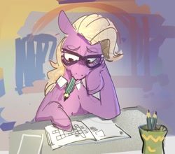 Size: 1220x1073 | Tagged: safe, artist:alumx, grace manewitz, earth pony, pony, g4, crossword puzzle, desk, female, hoof on chin, mare, mouth hold, pencil, solo
