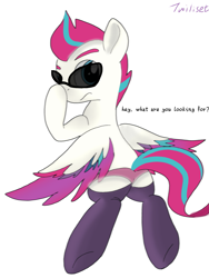 Size: 2165x2886 | Tagged: safe, artist:twiliset, zipp storm, pegasus, pony, g5, spoiler:g5, butt, clothes, glasses, high res, panties, plot, simple background, socks, solo, spread wings, sunglasses, thigh highs, underwear, white background, wings