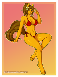 Size: 900x1184 | Tagged: safe, artist:kitsunewaffles-chan, oc, oc only, oc:alto tuner, earth pony, anthro, unguligrade anthro, belly button, bikini, breasts, clothes, commission, digital art, female, gradient background, looking at you, pose, solo, swimsuit, tail, thighs, wide hips