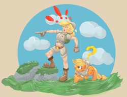 Size: 2588x1988 | Tagged: safe, artist:applephil, applejack, earth pony, human, pony, g4, arrow, big nose, boots, clothes, duo, exclamation point, female, gloves, hat, human ponidox, humanized, mare, midriff, pith helmet, pointing, self paradox, self ponidox, shoes, shorts