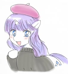 Size: 1173x1280 | Tagged: safe, artist:auntie_grub, rarity, pony, unicorn, g4, beatnik rarity, beret, clothes, female, hat, horn, looking at you, mare, open mouth, open smile, simple background, smiling, smiling at you, solo, sweater, white background